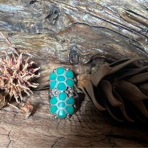 Zuni Dishta Navajo Ring Turquoise Double Flower Native American Sterling Silver